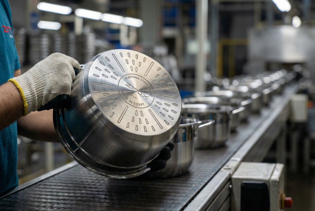 A factory worker at El-Zenouki Group holding a 18/10 stainless steel Zinox Zenouki pot on a production line conveyor belt